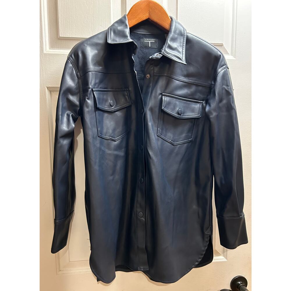 T Tahari Blue Faux Leather Snap Front Shirt Jacket Shacket, Size M